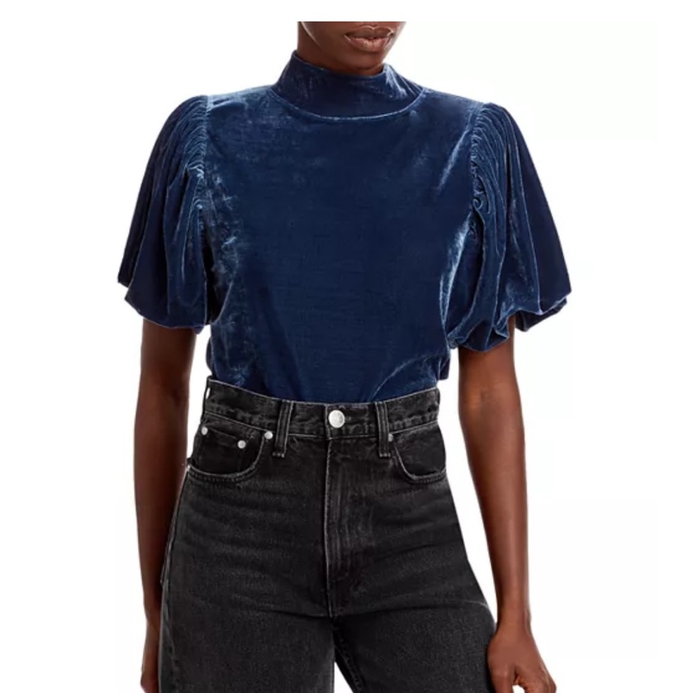 Free People Blue Fitted Blouse with Ruffled Puff Sleeves